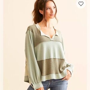 POL Two-Tone Sage and Olive Waffle Knit Polo Top